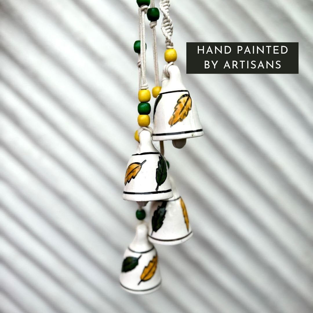 Gathari Macrame Symphony, 4 Mini Ceramic Bells Home Wall Dcor Handmade Home Wall Dcor, Wind Chime. (Yellow & Green)