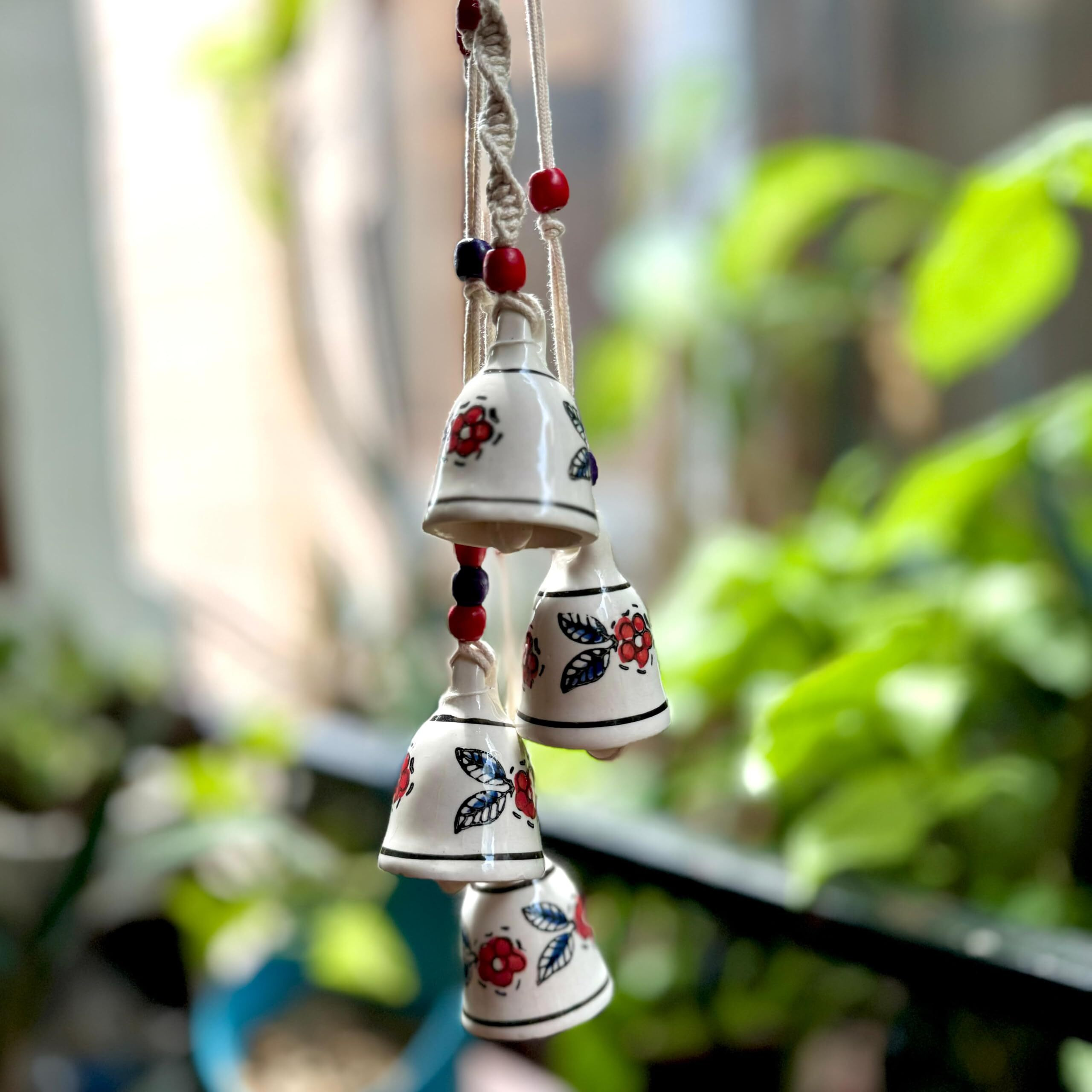 Gathari Macrame Symphony, 4 Mini Ceramic Bells Home Wall Dcor Handmade Home Wall Dcor, Wind Chime. (Red & Blue)