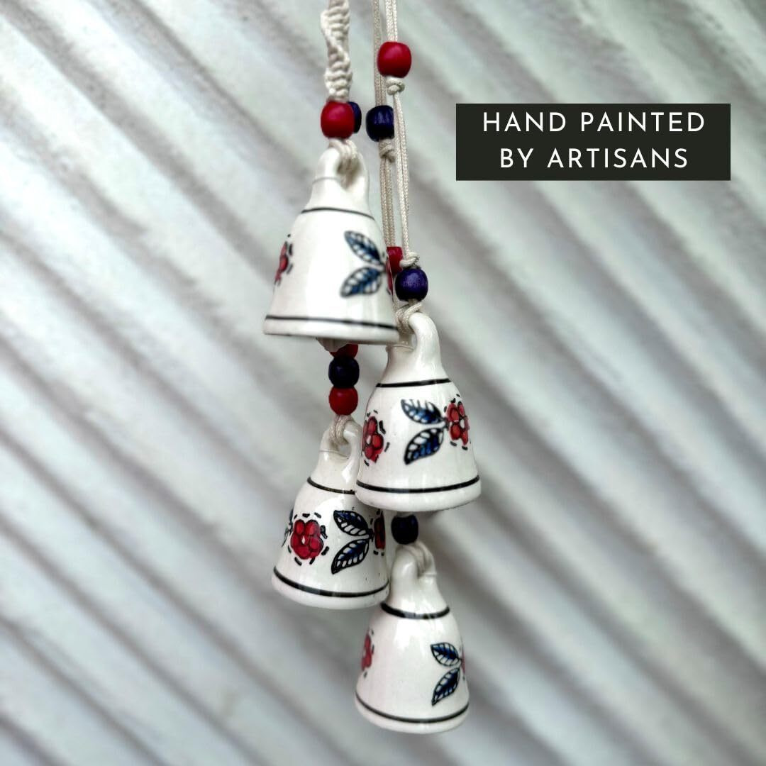 Gathari Macrame Symphony, 4 Mini Ceramic Bells Home Wall Dcor Handmade Home Wall Dcor, Wind Chime. (Red & Blue)