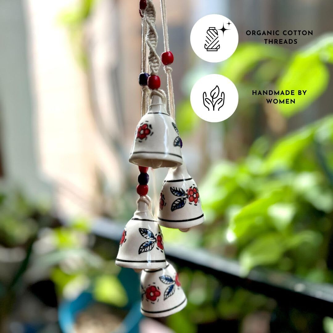 Gathari Macrame Symphony, 4 Mini Ceramic Bells Home Wall Dcor Handmade Home Wall Dcor, Wind Chime. (Red & Blue)