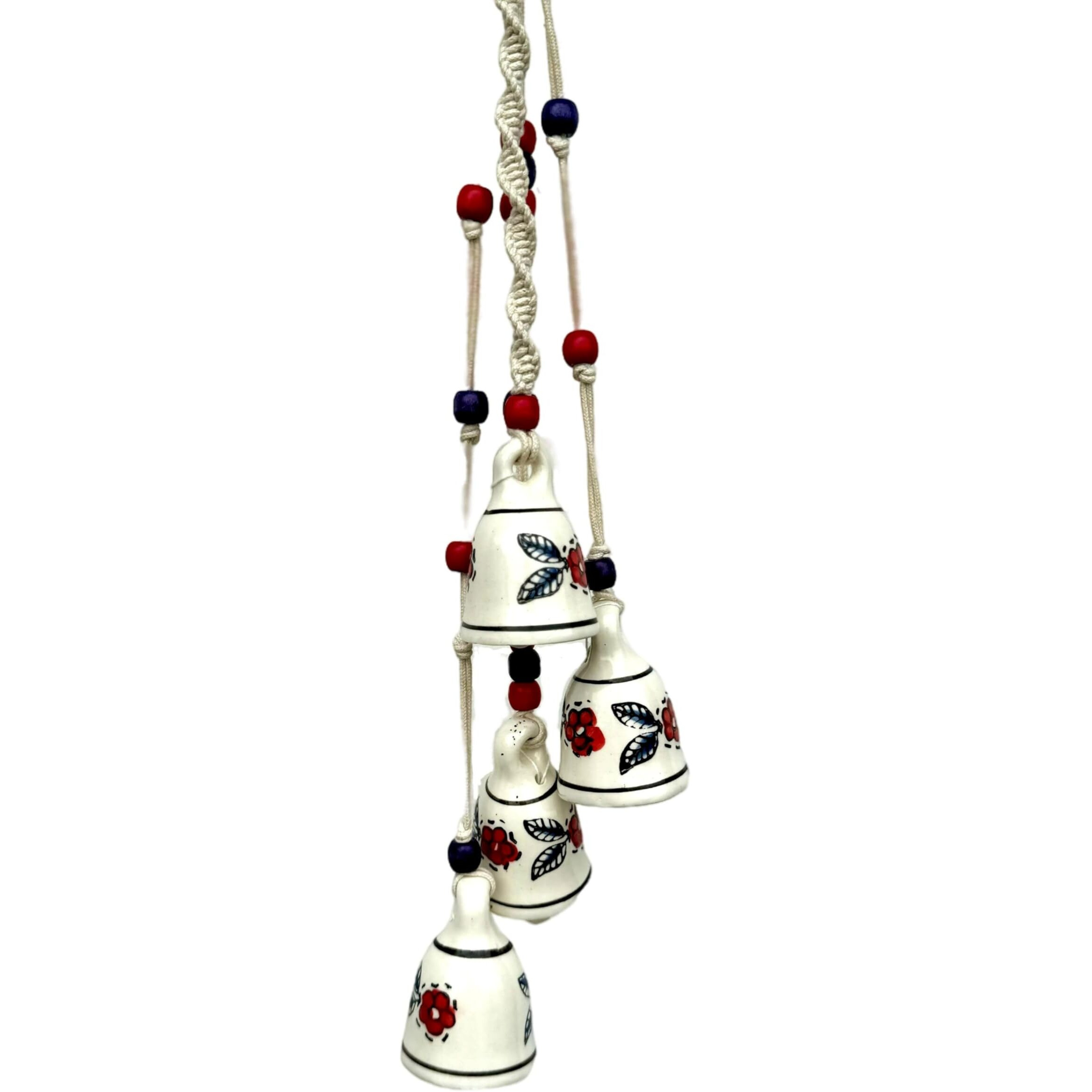 Gathari Macrame Symphony, 4 Mini Ceramic Bells Home Wall Dcor Handmade Home Wall Dcor, Wind Chime. (Red & Blue)