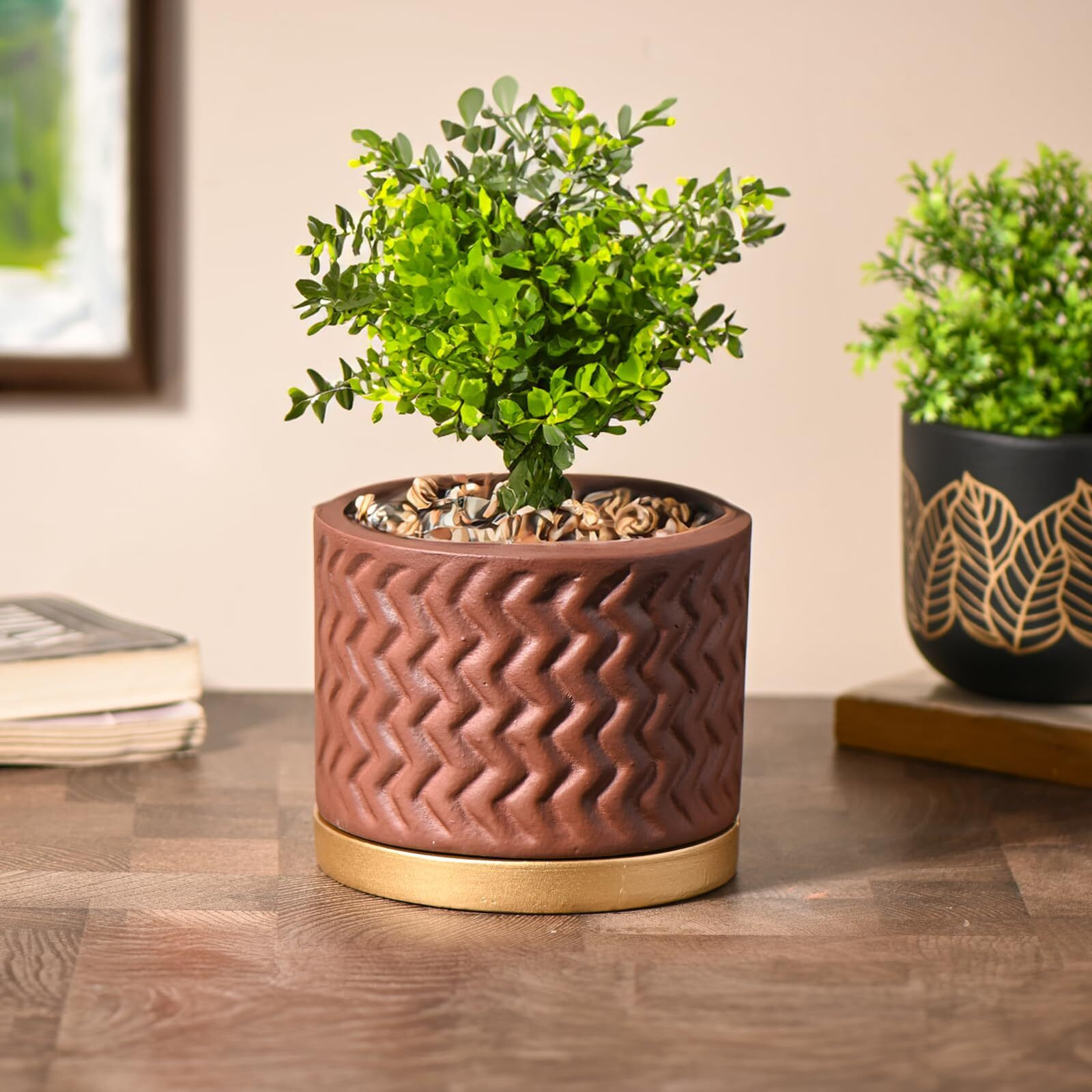 Gathari Terracotta Table Planters for Living Room Indoor Pot for Plant - Planters Pot for Home Decoration Plant Pot for Indoor Plants Pots for Plants (Plant Not Included) (Pattern Planter with Tray)