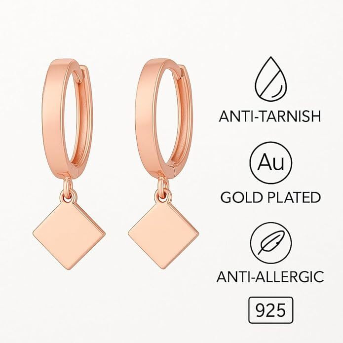 Geometric Square Drop Hoop Earrings - Rose Gold Plated