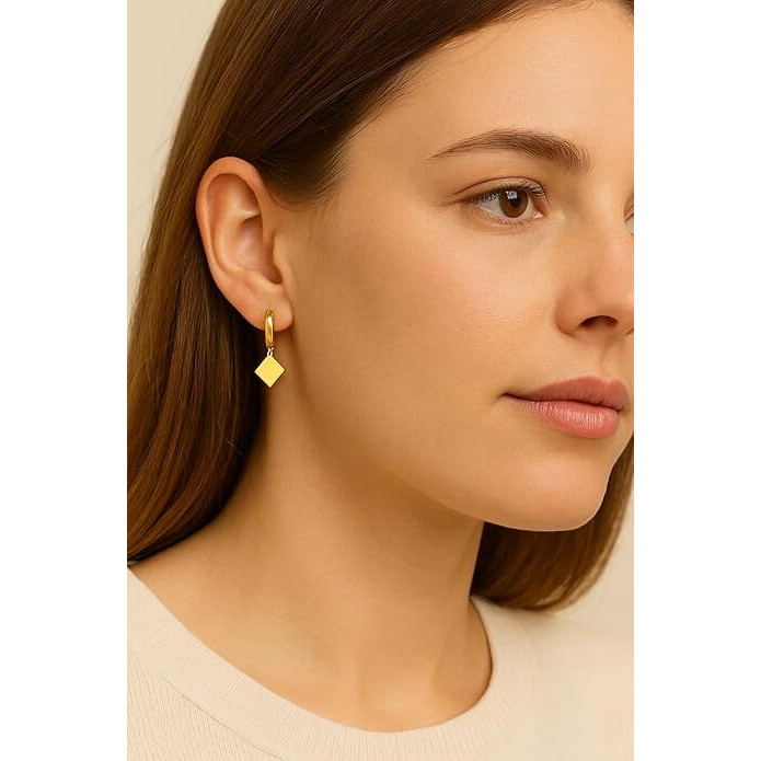 Geometric Square Drop Hoop Earrings - Rose Gold Plated