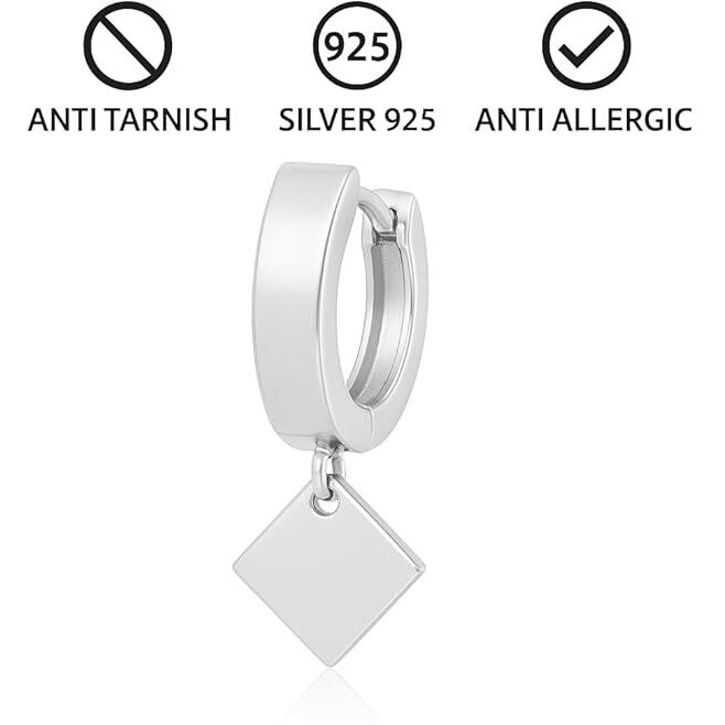 Geometric Square Drop Hoop Earrings - Silver