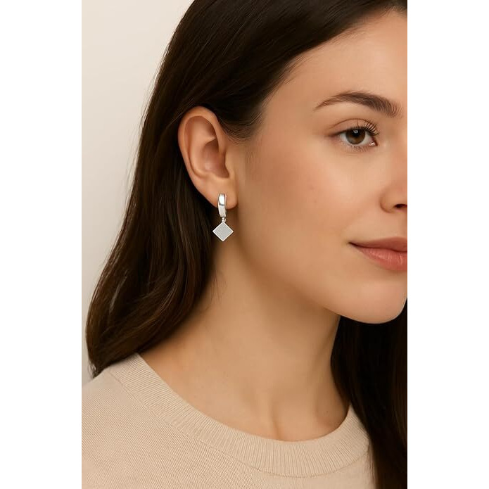 Geometric Square Drop Hoop Earrings - Silver