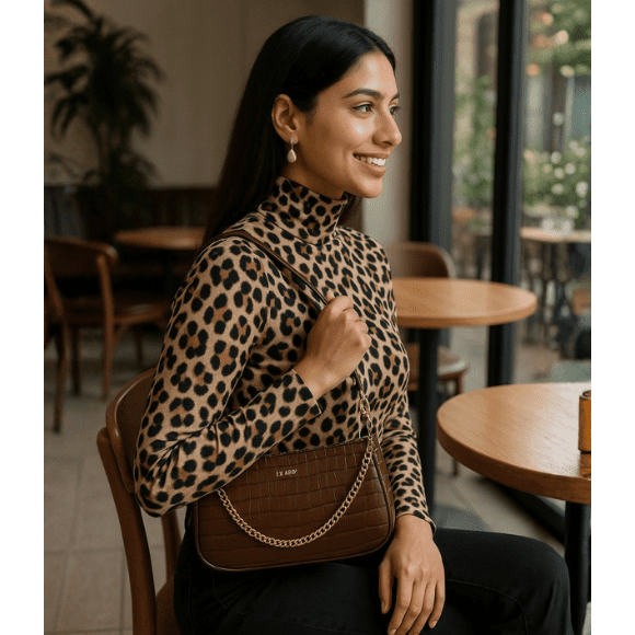 Mocha Croc Luxe Vegan Leather Shoulder Bag - Designer Brown Handbag with Gold Chain | Italian-Inspired Small Vegan Purse for Parties & Daily Use