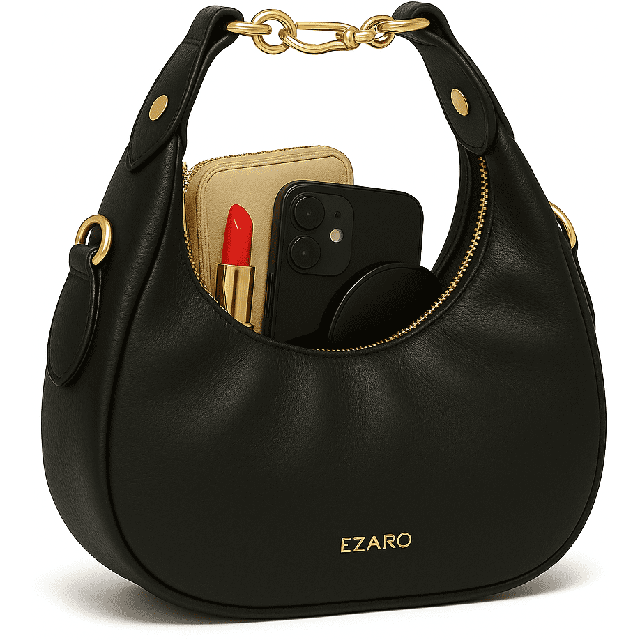 Luna Hobo  Minimalist Vegan Leather Shoulder Bag - Italian-Inspired Crossbody with Gold Accent (Black)