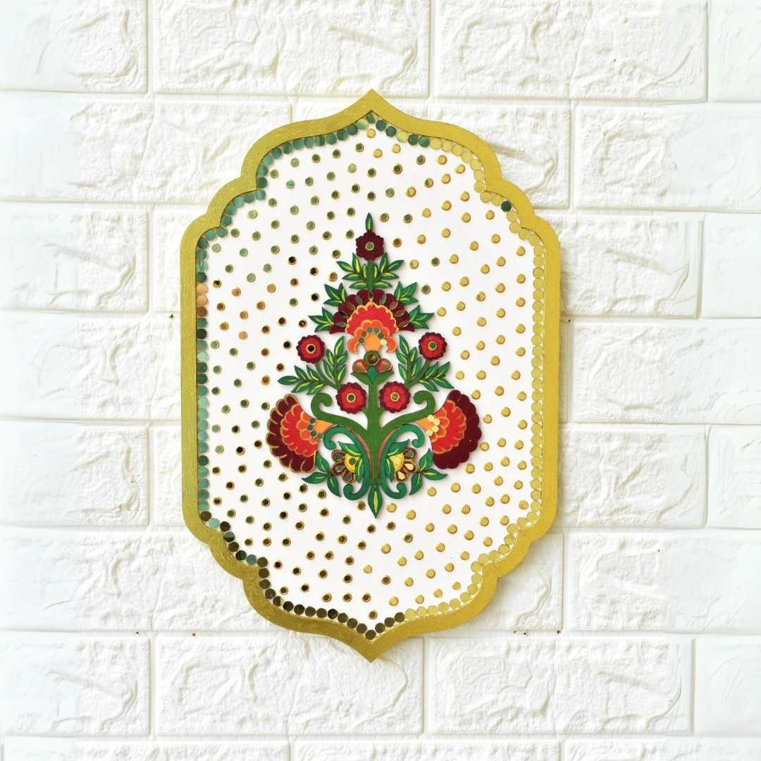 Exquisite Floral Wall Decor with Mirror Accents, Handmade Wooden Plaque