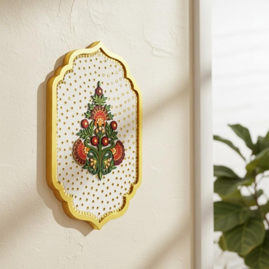 Exquisite Floral Wall Decor with Mirror Accents, Handmade Wooden Plaque