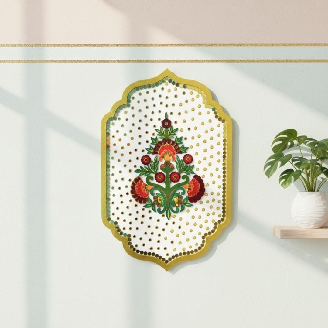 Exquisite Floral Wall Decor with Mirror Accents, Handmade Wooden Plaque