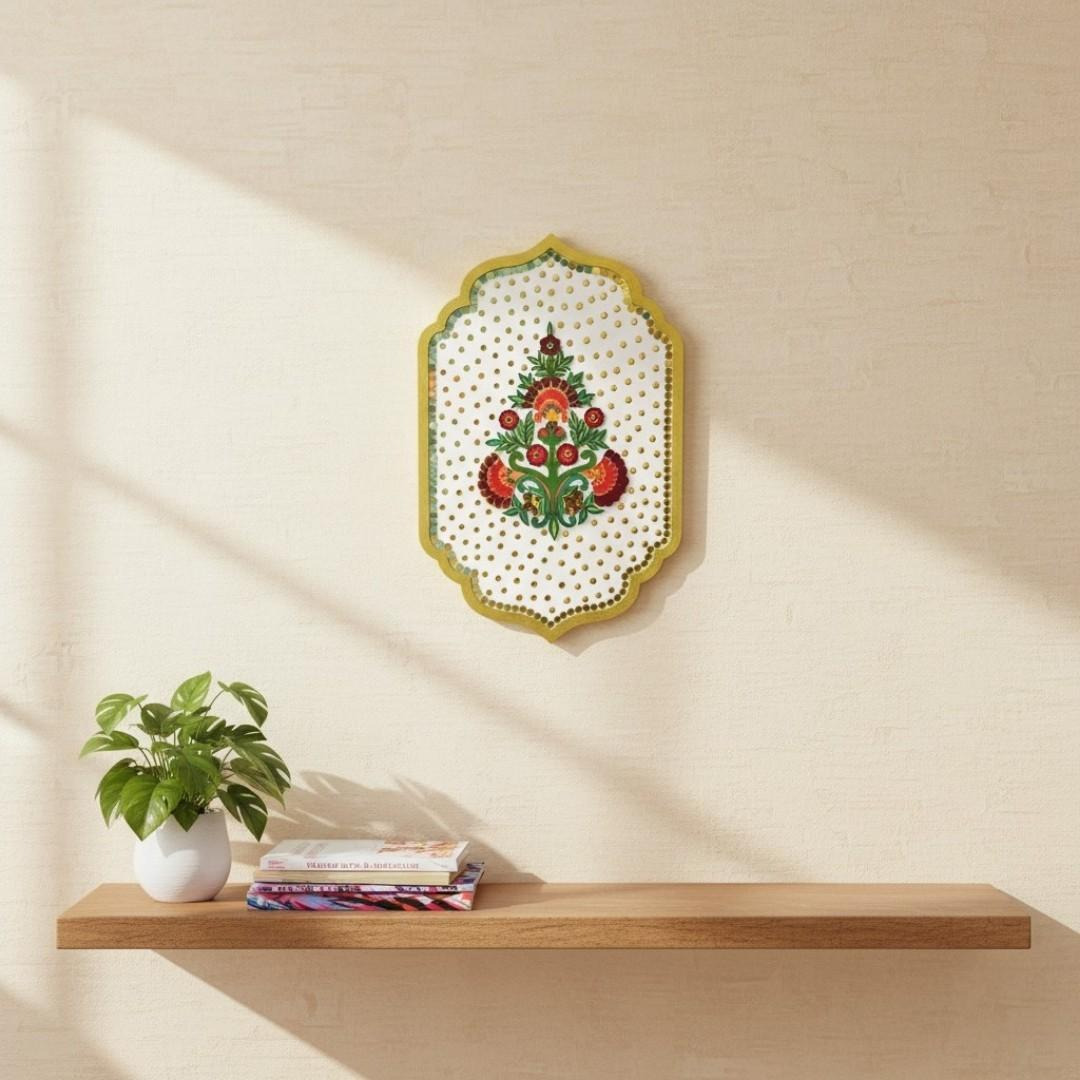 Exquisite Floral Wall Decor with Mirror Accents, Handmade Wooden Plaque