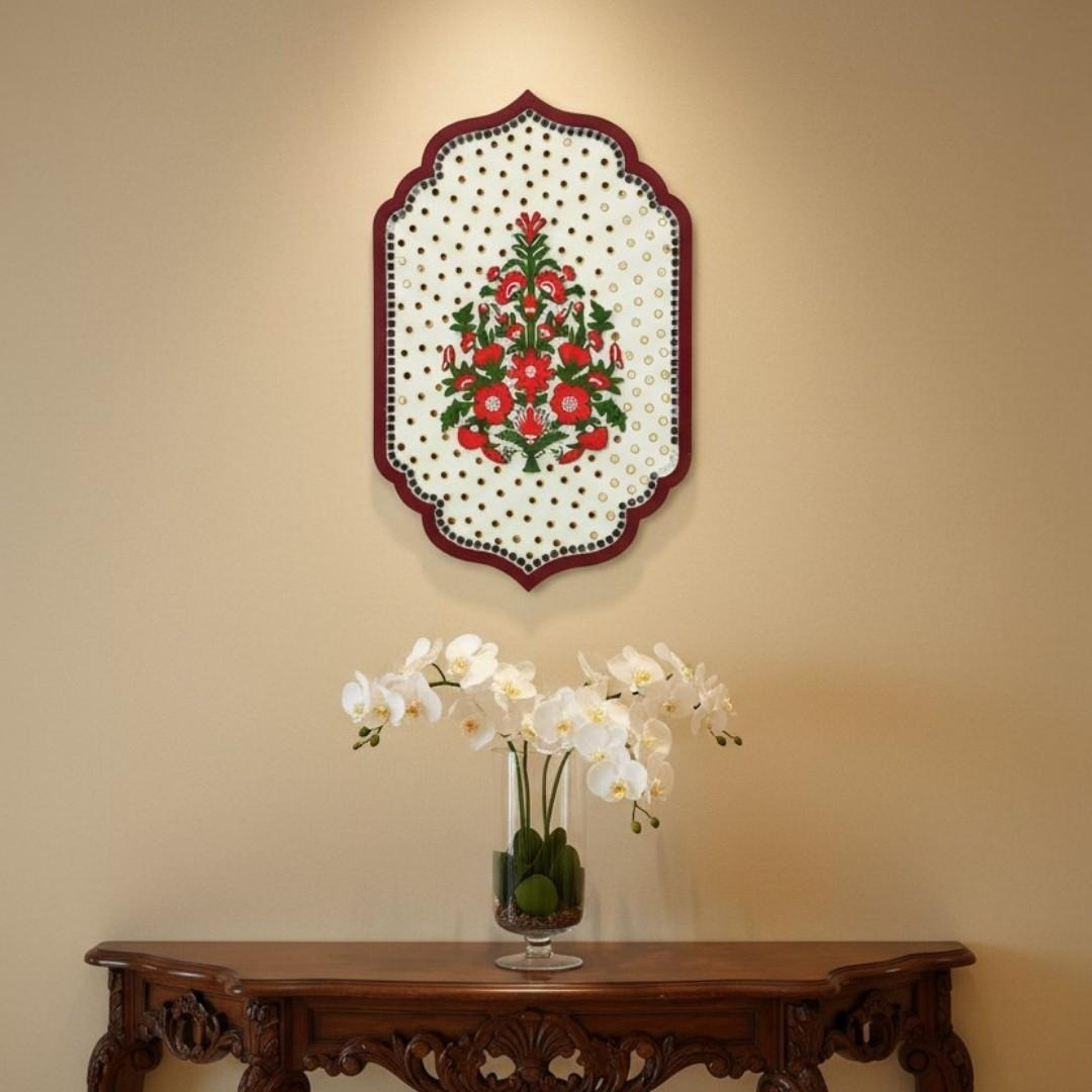 Exquisite Floral Wall Decor with Mirror Accents, Handmade Wooden Plaque