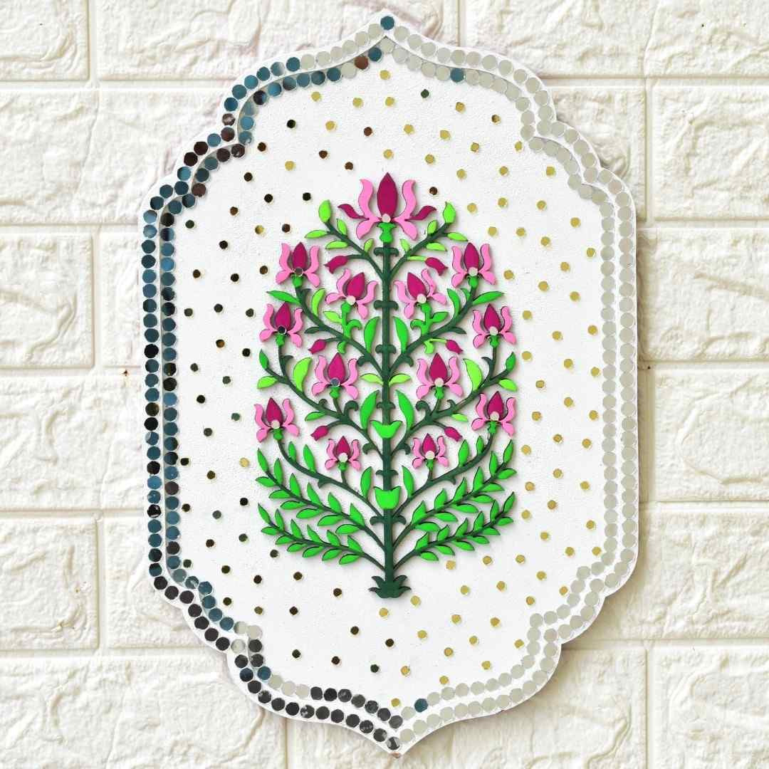 Exquisite Floral Wall Decor with Mirror Accents, Handmade Wooden Plaque