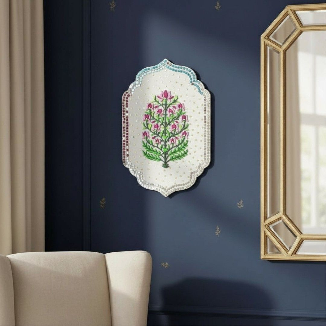 Exquisite Floral Wall Decor with Mirror Accents, Handmade Wooden Plaque