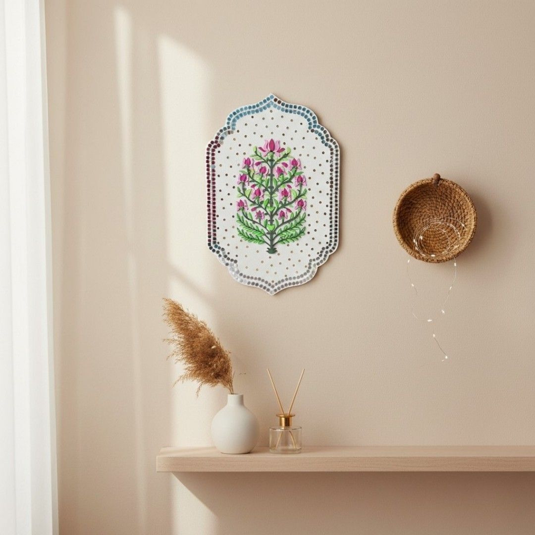Exquisite Floral Wall Decor with Mirror Accents, Handmade Wooden Plaque
