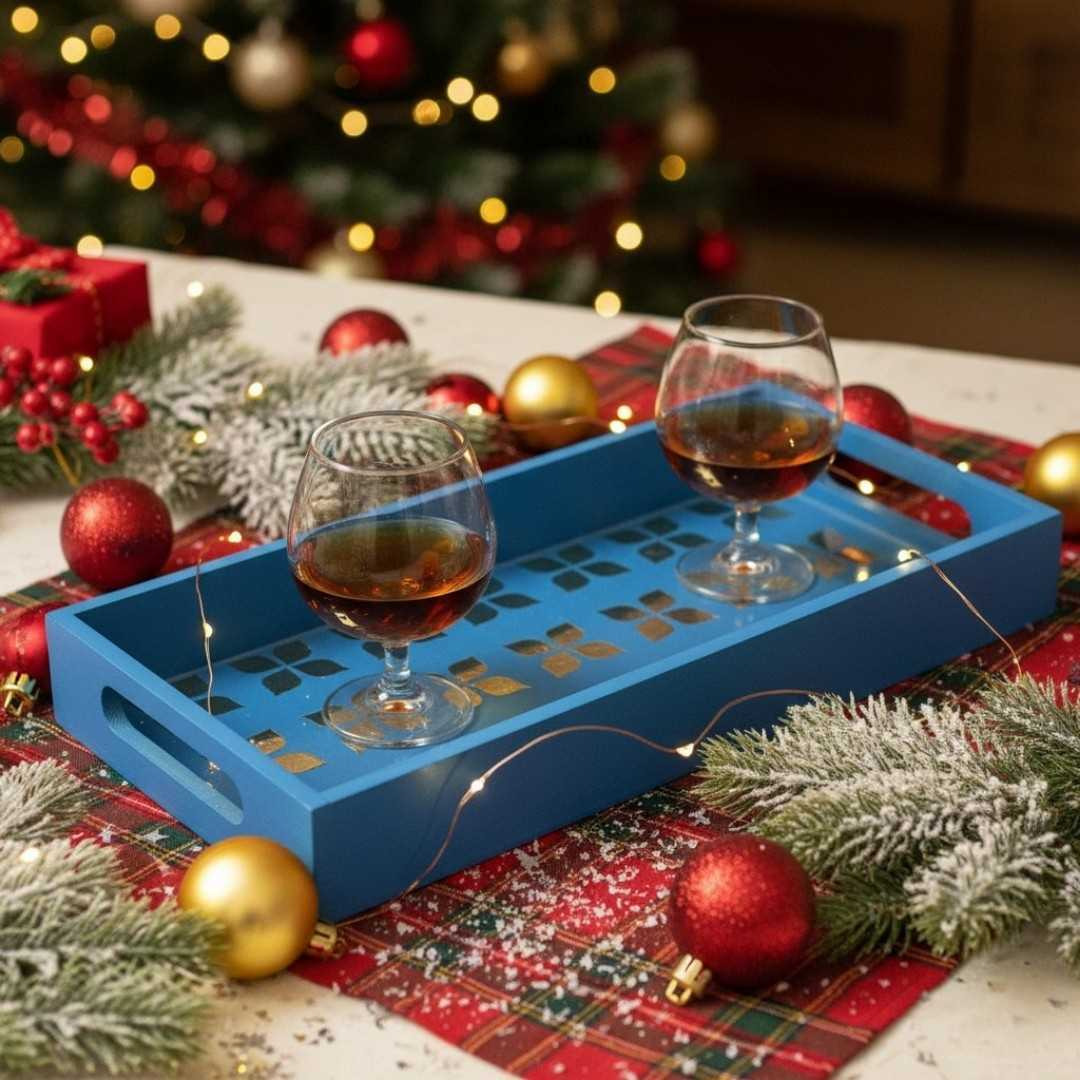 Blue Wooden Tray with Mirror & Resin Design  Handmade Christmas, Housewarming Gift
