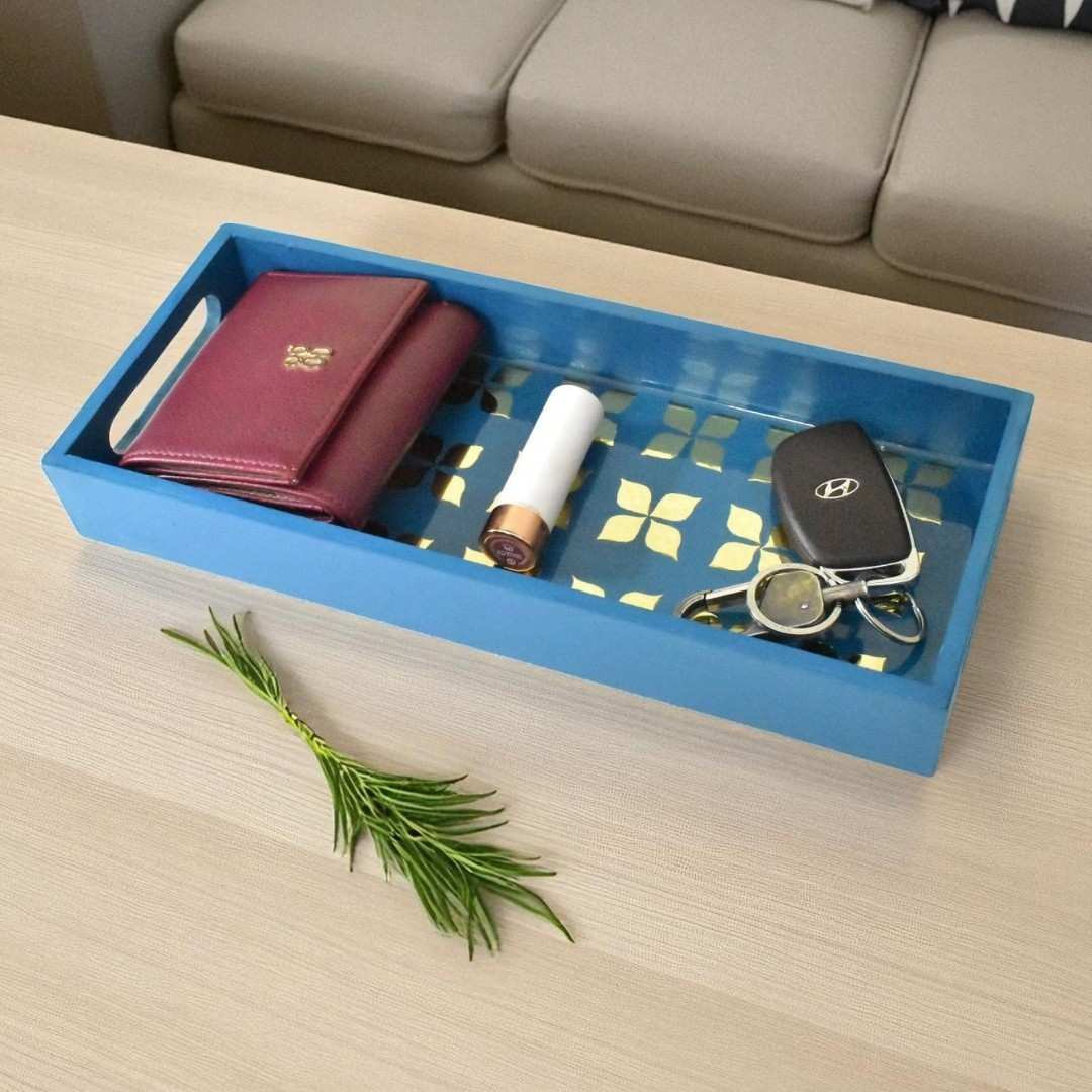 Blue Wooden Tray with Mirror & Resin Design  Handmade Christmas, Housewarming Gift