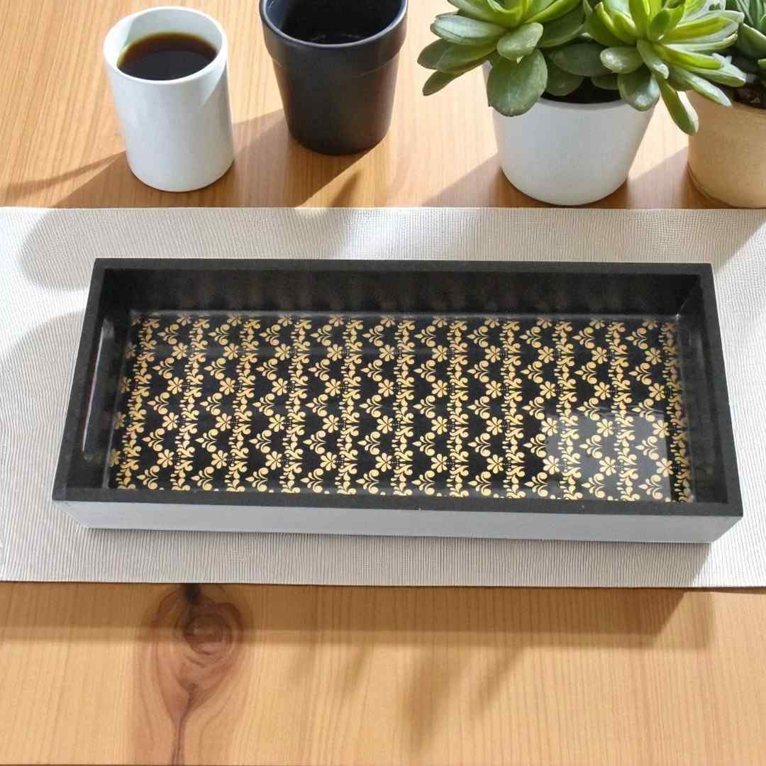 Black & Gold Floral Tray  Handmade Wooden Decor