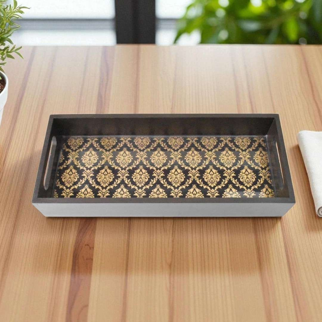 Black & Gold Damask Tray  Handcrafted Wooden Home Decor