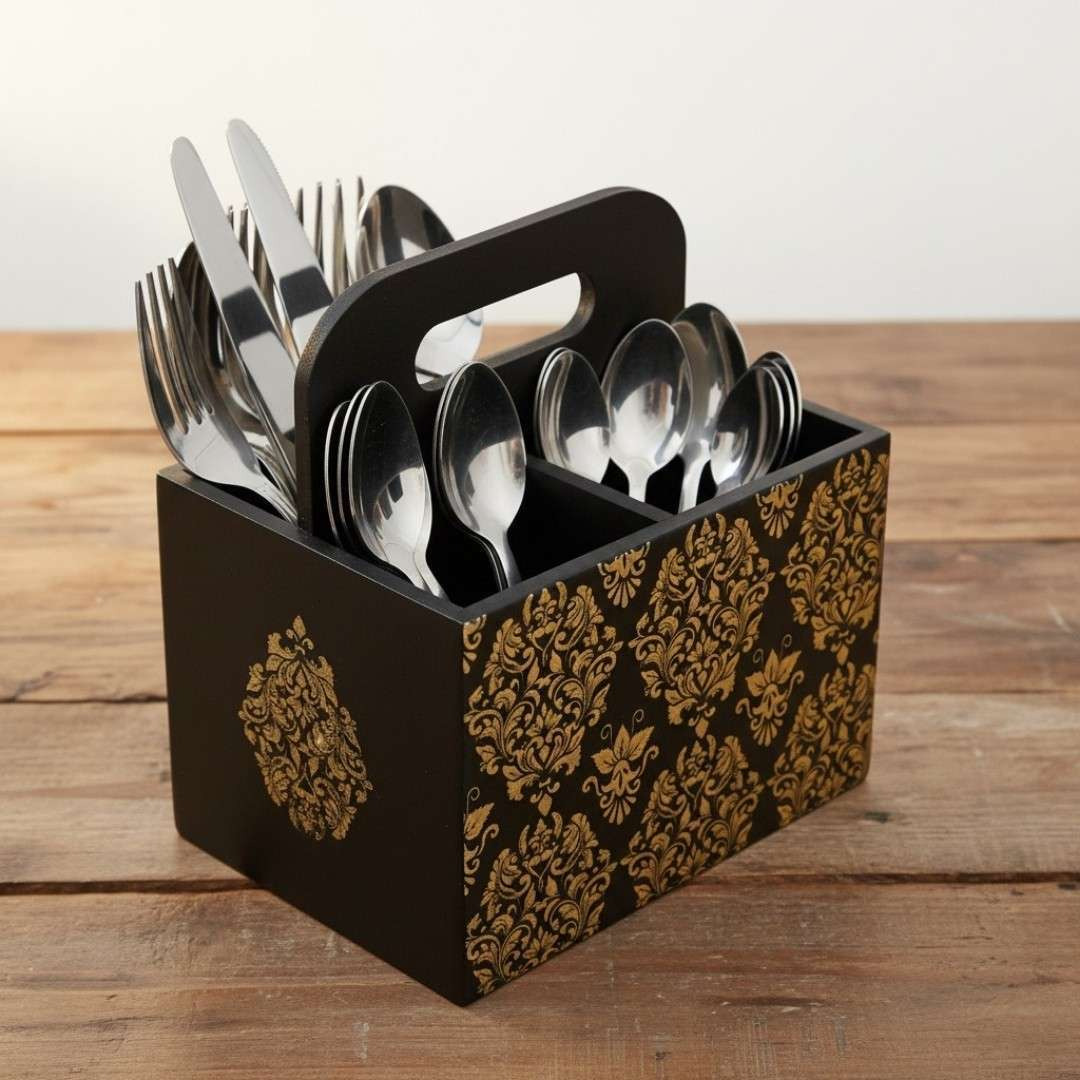 Artisan Wooden Cutlery Stand, Elegant Floral Dining Decor