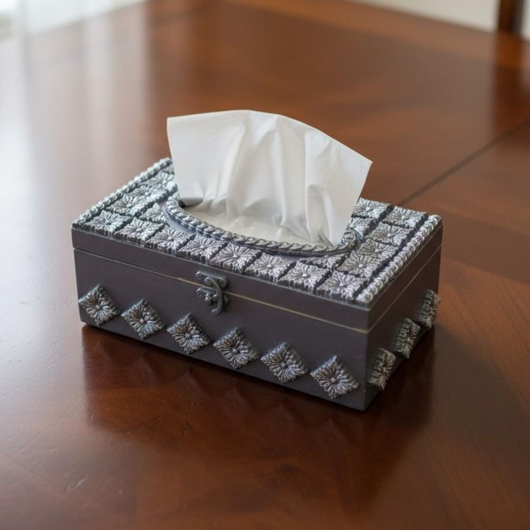 Handmade Wooden Tissue Holder, Grey & White Art Box, Artisan Table Accent