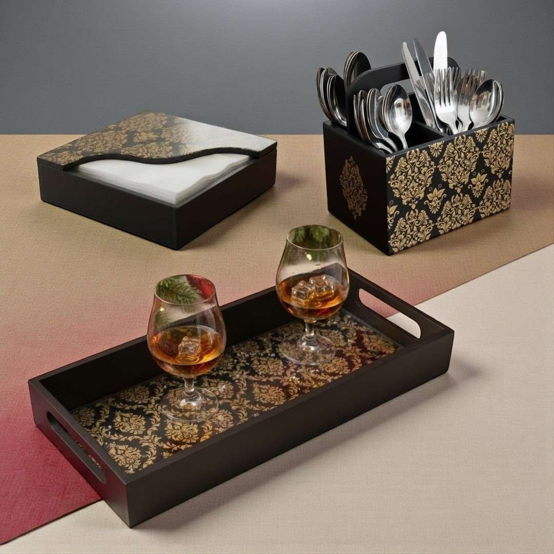 Elegant Floral Decor Set  Tray, Napkin Box & Cutlery Stand