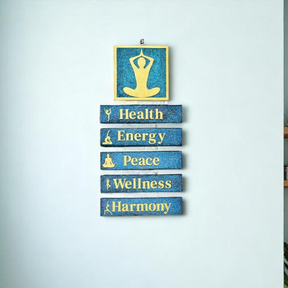 Handcrafted Yoga-Themed Wall Hanging  Health, Energy, Peace, Wellness & Harmony