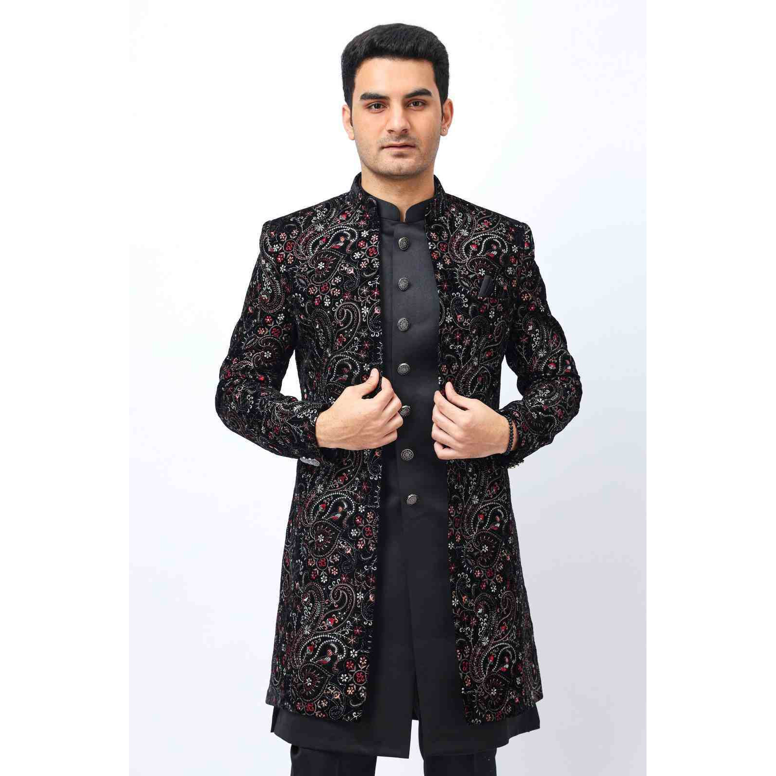 Mens Indo Western 3 Piece Set  Multicoloured Embroidered Jacket with Black Inner and Trousers