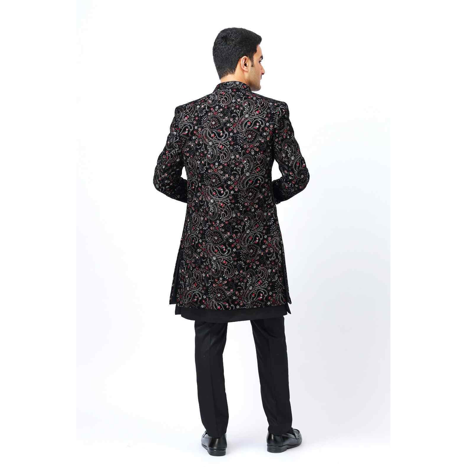 Mens Indo Western 3 Piece Set  Multicoloured Embroidered Jacket with Black Inner and Trousers