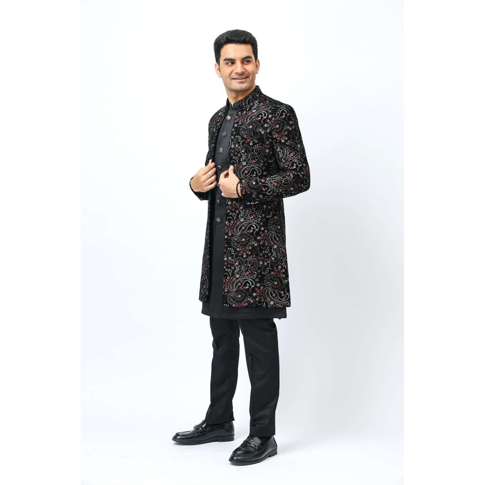 Mens Indo Western 3 Piece Set  Multicoloured Embroidered Jacket with Black Inner and Trousers