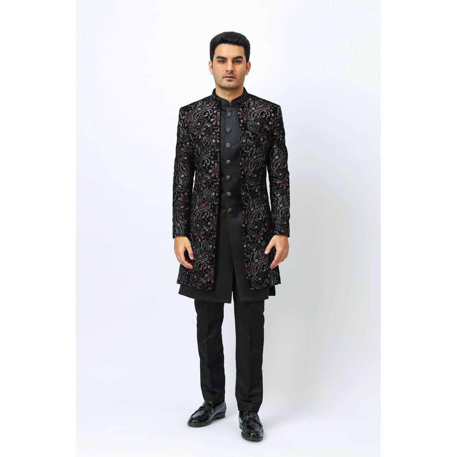 Mens Indo Western 3 Piece Set  Multicoloured Embroidered Jacket with Black Inner and Trousers