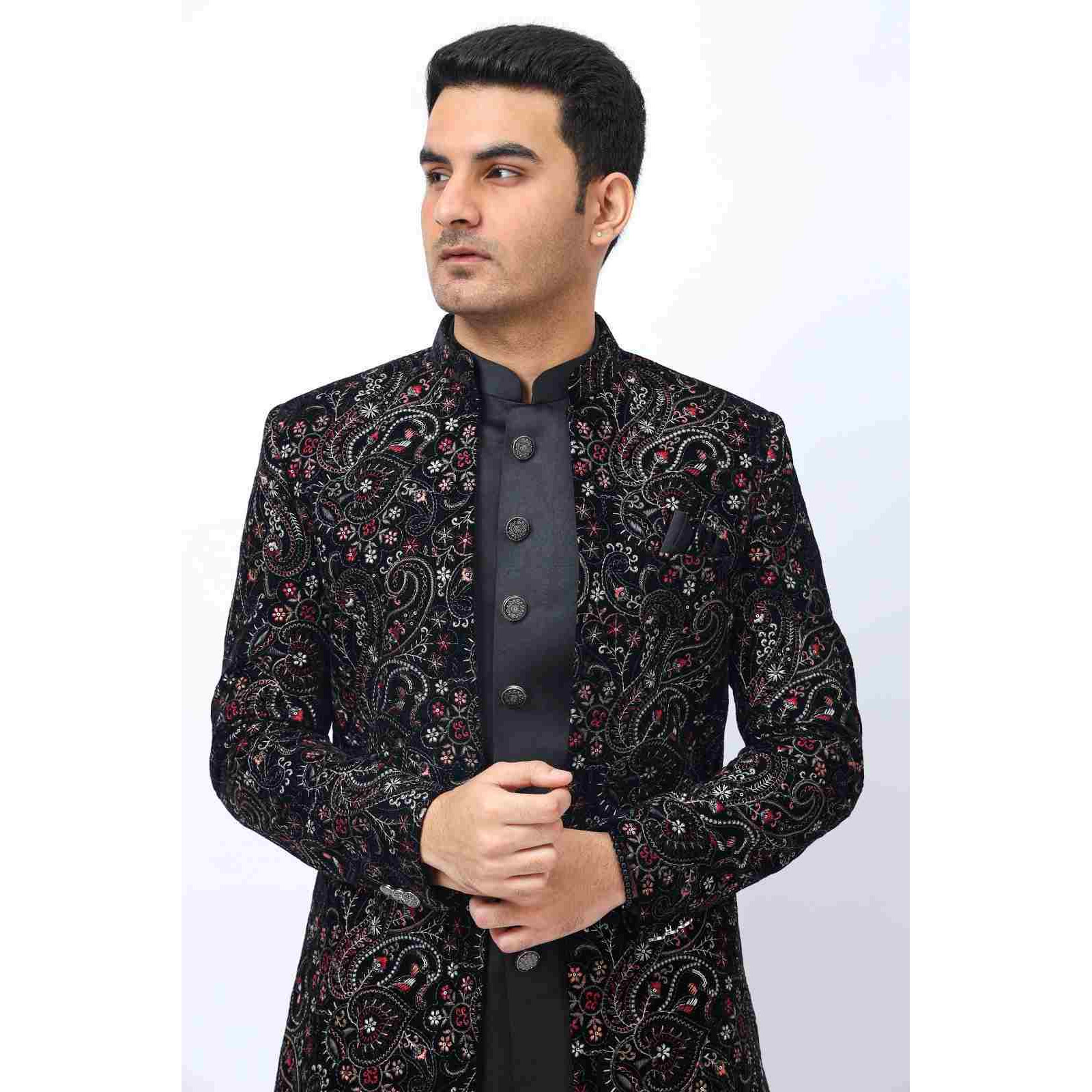 Mens Indo Western 3 Piece Set  Multicoloured Embroidered Jacket with Black Inner and Trousers