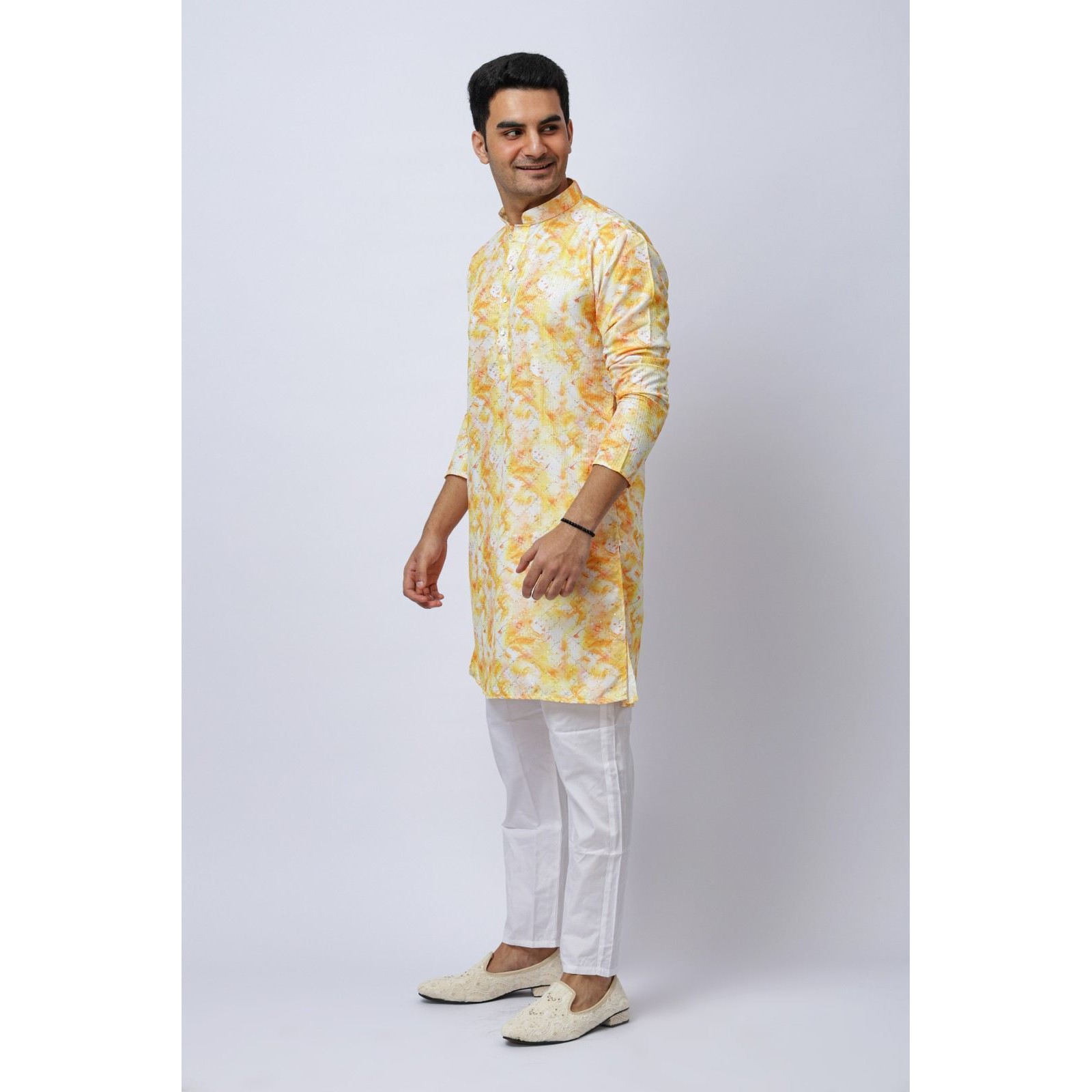 Men's Yellow Printed Silk Kurta and White Trouser Set, Festive Ethnic Wear, Regular Fit