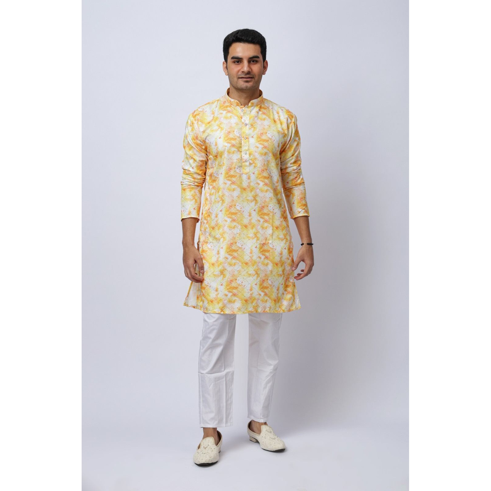 Men's Yellow Printed Silk Kurta and White Trouser Set, Festive Ethnic Wear, Regular Fit