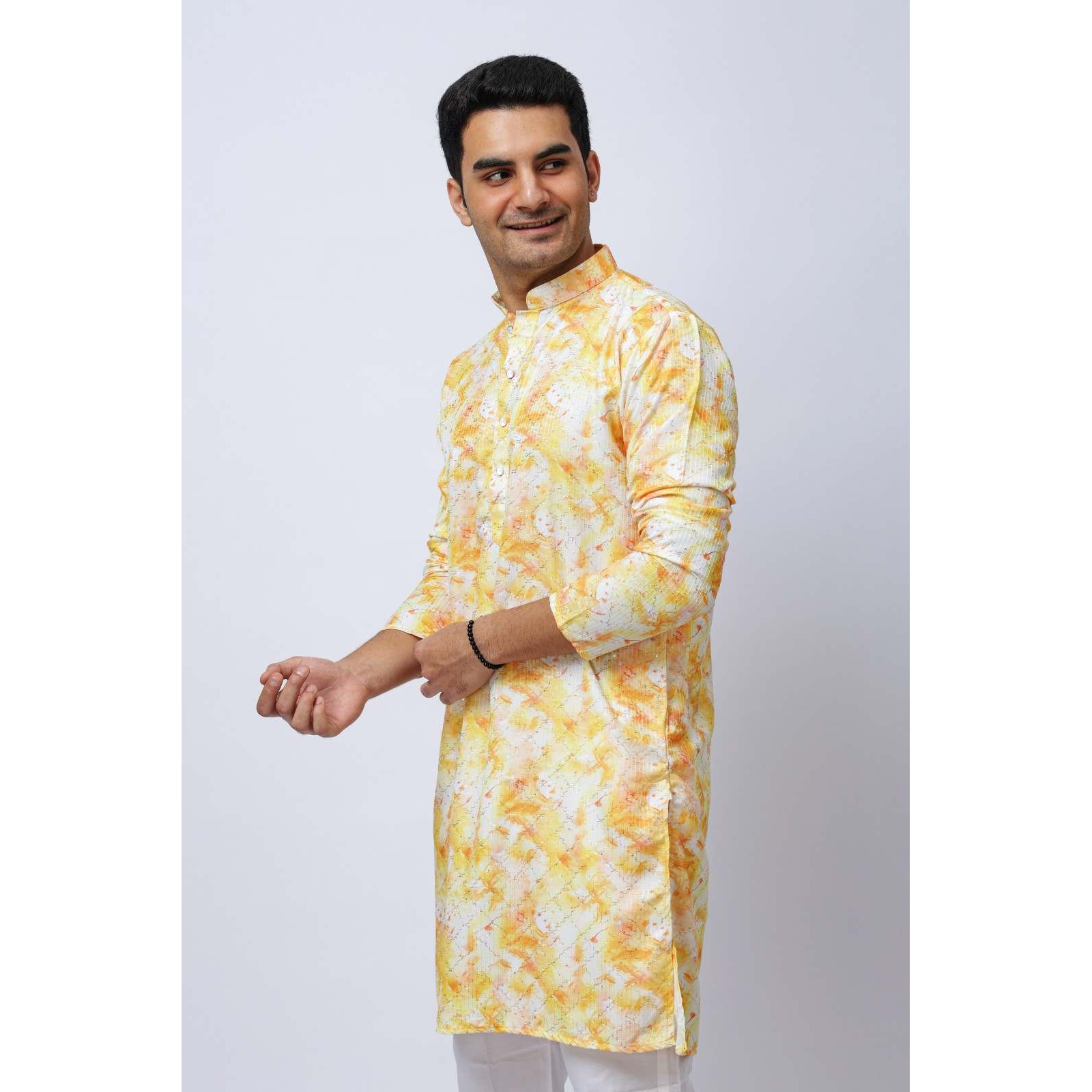 Men's Yellow Printed Silk Kurta and White Trouser Set, Festive Ethnic Wear, Regular Fit