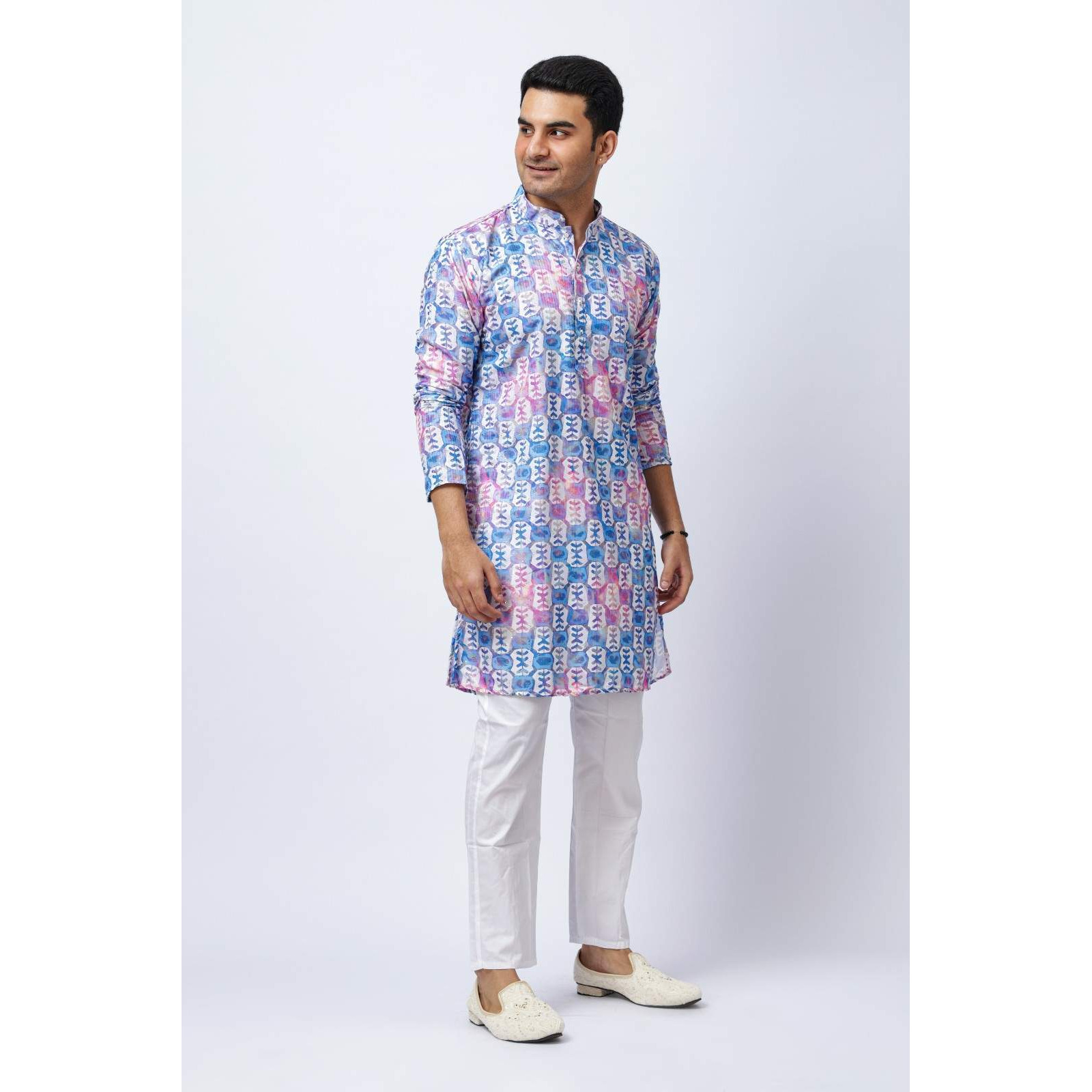 Men's Multicolored Printed Silk Kurta and White Trouser Set, Festive Ethnic Wear, Regular Fit
