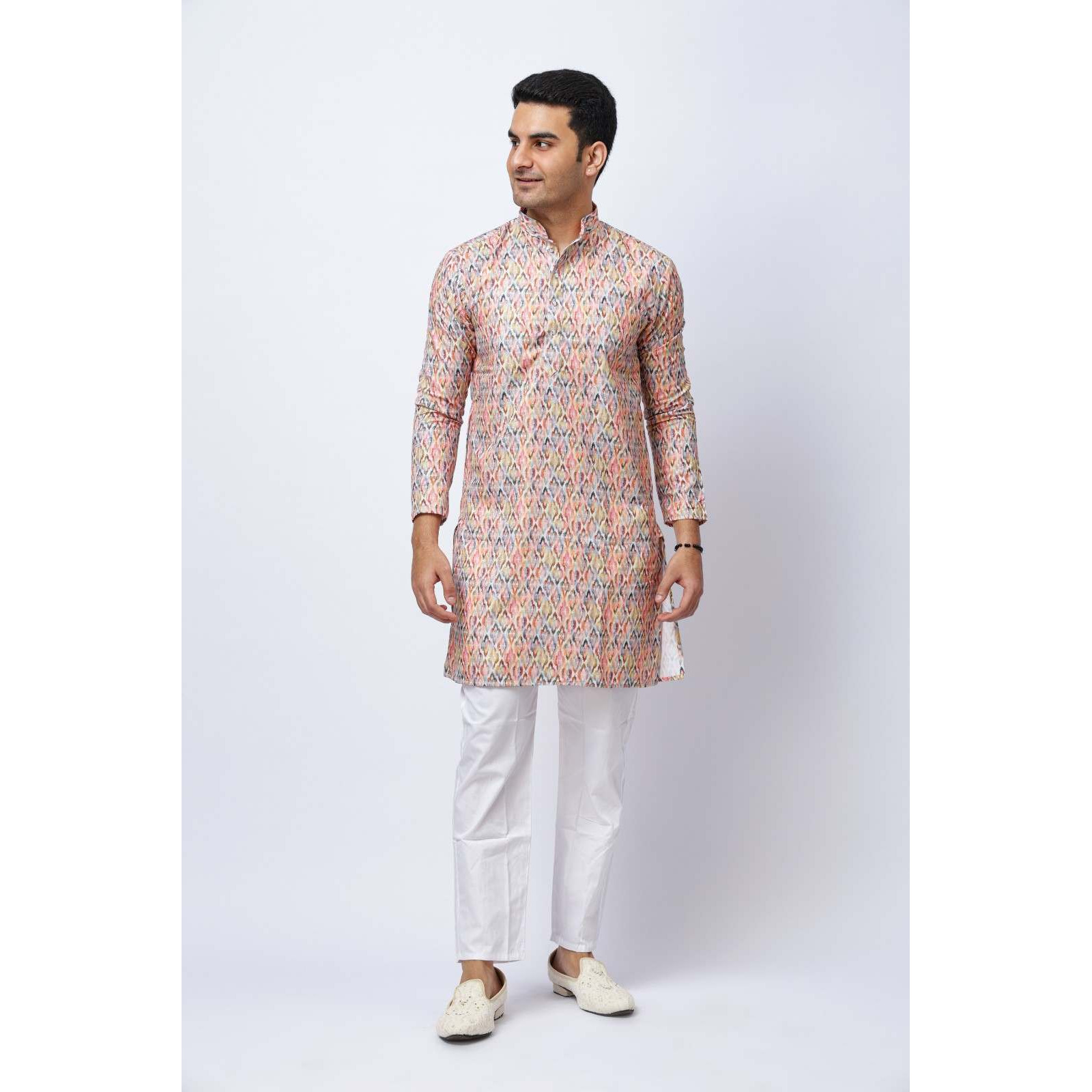 Men's Multicolored Printed Silk Kurta and White Trouser Set, Festive Ethnic Wear, Regular Fit