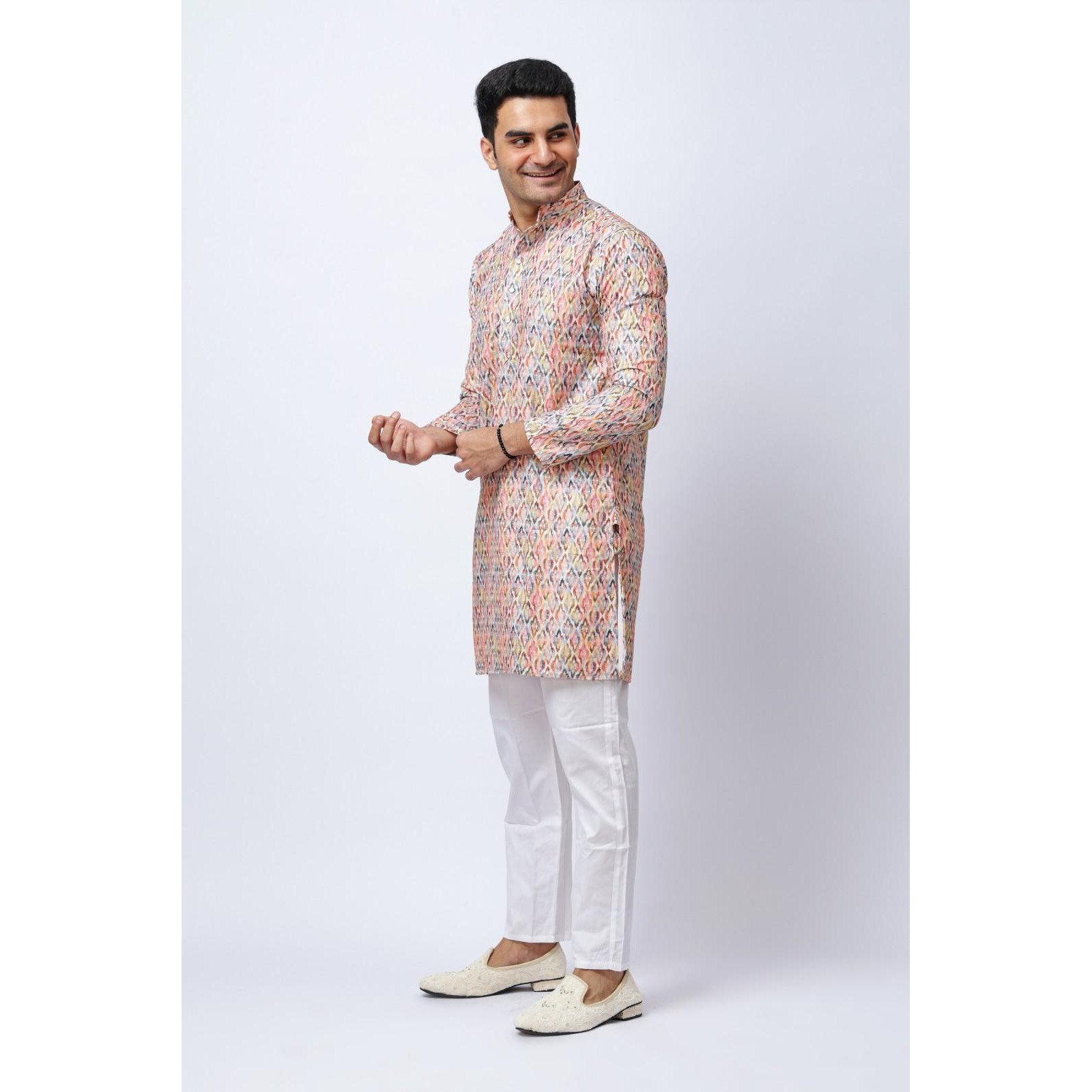Men's Multicolored Printed Silk Kurta and White Trouser Set, Festive Ethnic Wear, Regular Fit