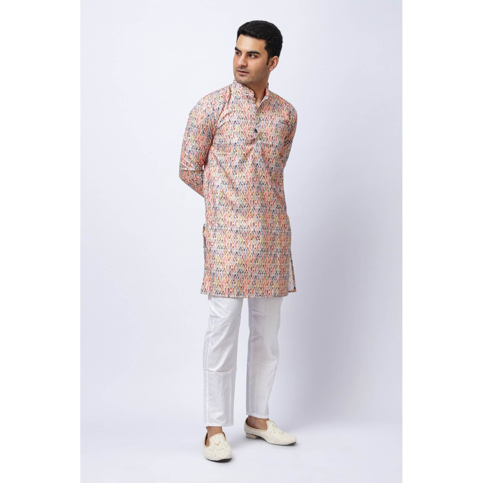 Men's Multicolored Printed Silk Kurta and White Trouser Set, Festive Ethnic Wear, Regular Fit