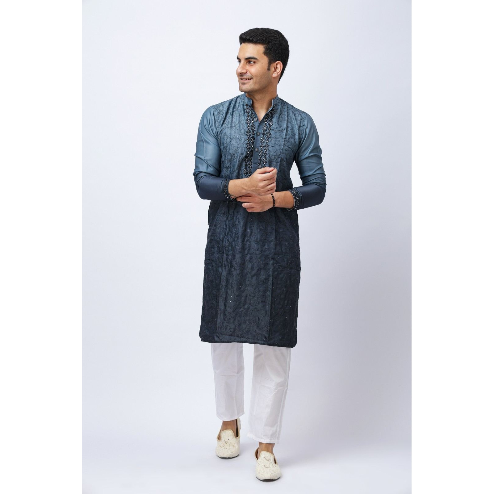 Men's Blue Ombre Silk Kurta with Mirror Work Neck and White Pajama Set, Festive Ethnic Wear, Regular Fit