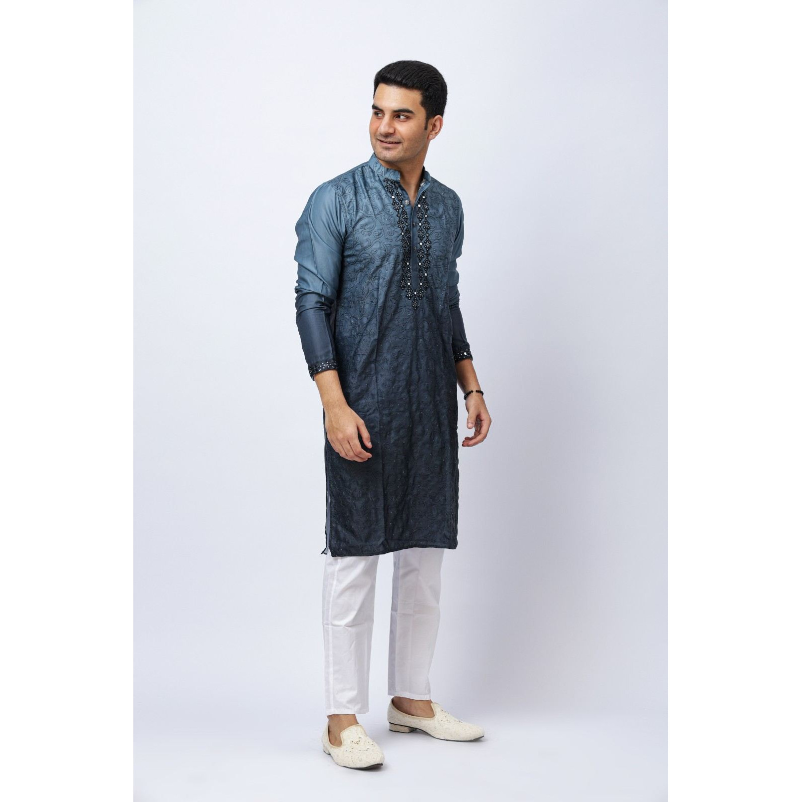 Men's Blue Ombre Silk Kurta with Mirror Work Neck and White Pajama Set, Festive Ethnic Wear, Regular Fit