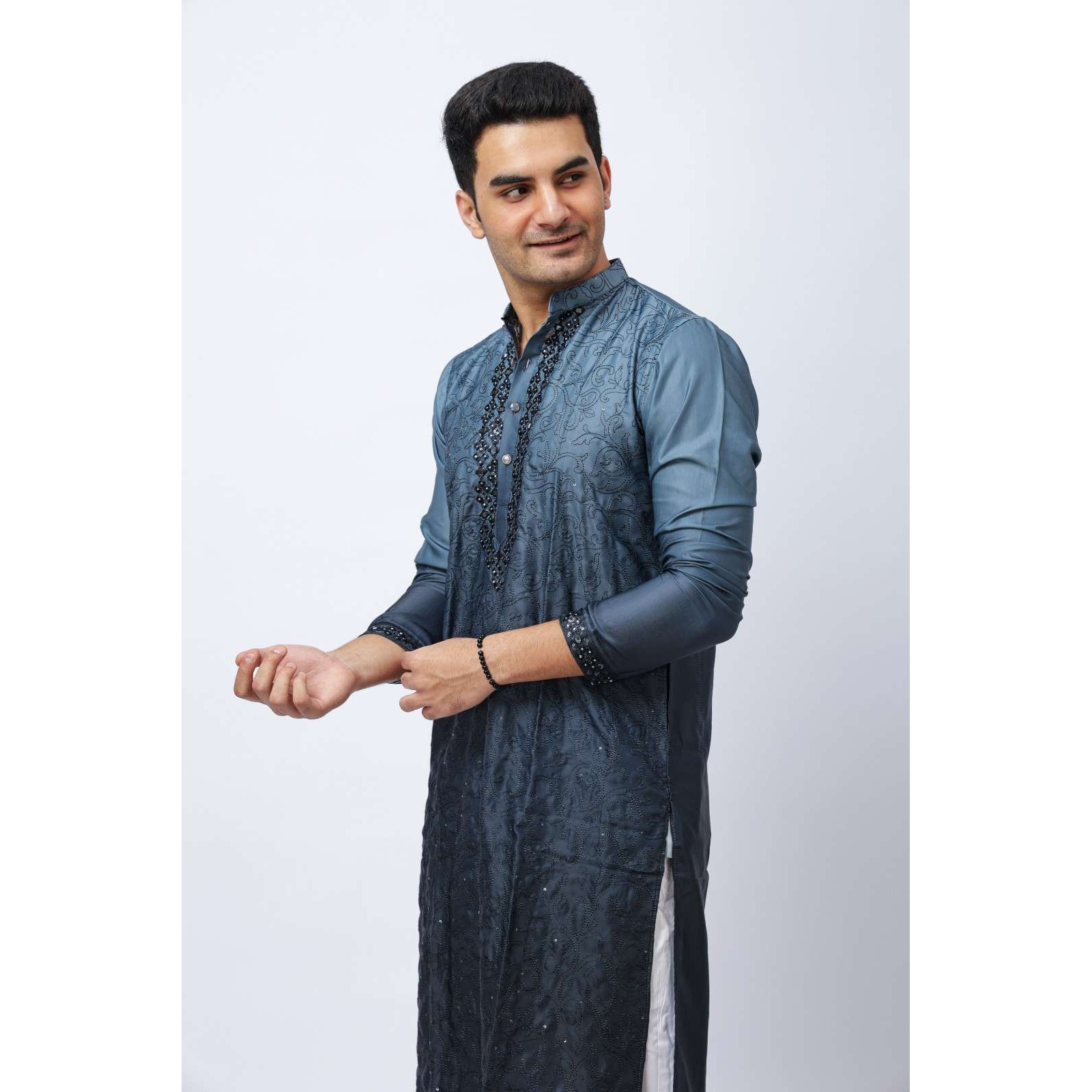 Men's Blue Ombre Silk Kurta with Mirror Work Neck and White Pajama Set, Festive Ethnic Wear, Regular Fit