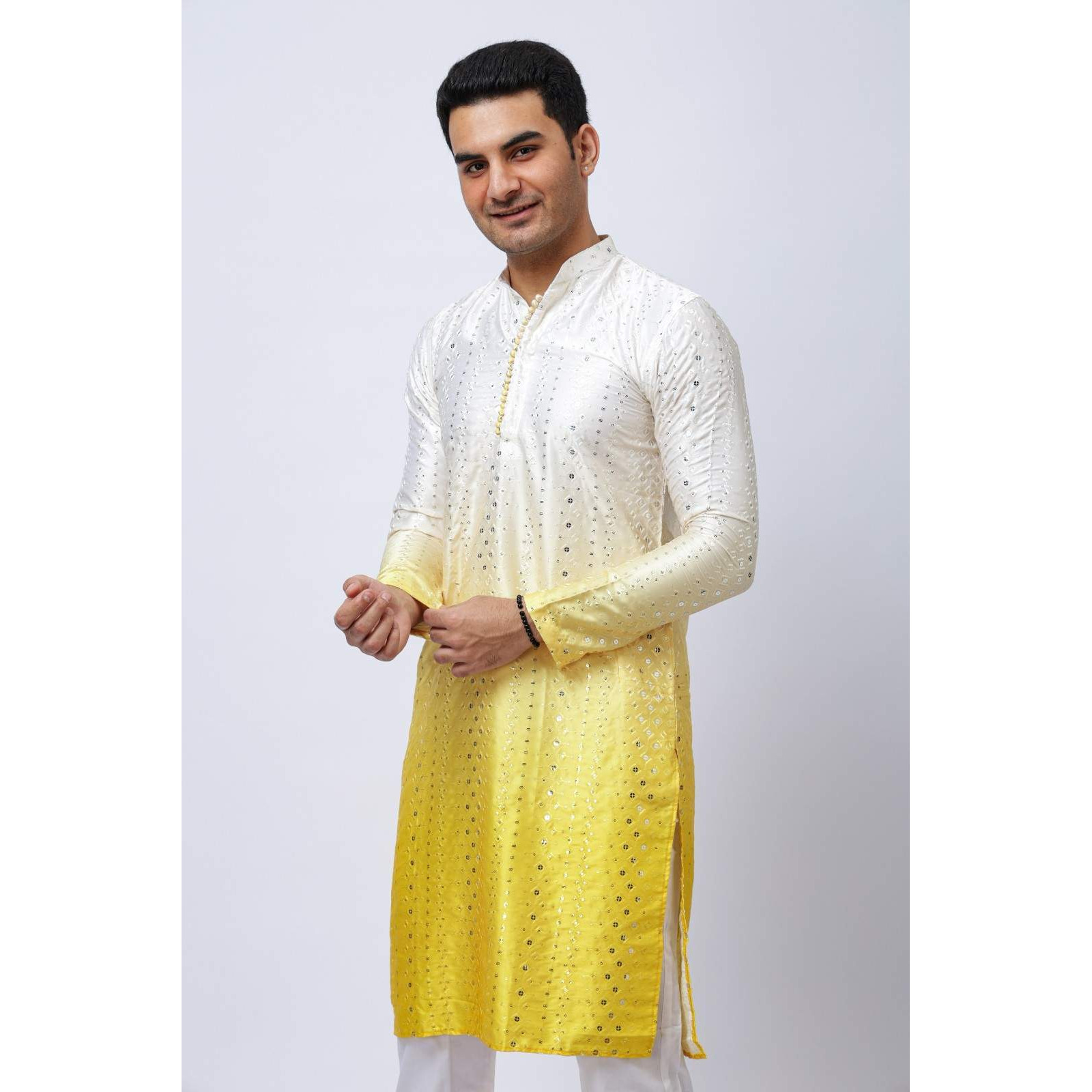Men's Yellow Ombre Silk Kurta with Mirror Work and White Trouser Set, Festive Ethnic Wear, Regular Fit