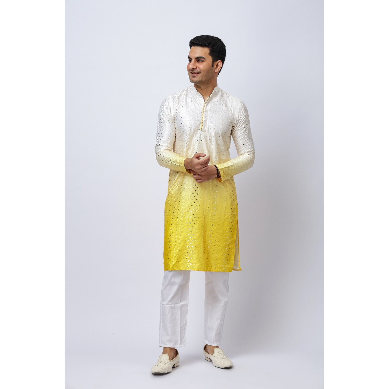 Men's Yellow Ombre Silk Kurta with Mirror Work and White Trouser Set, Festive Ethnic Wear, Regular Fit