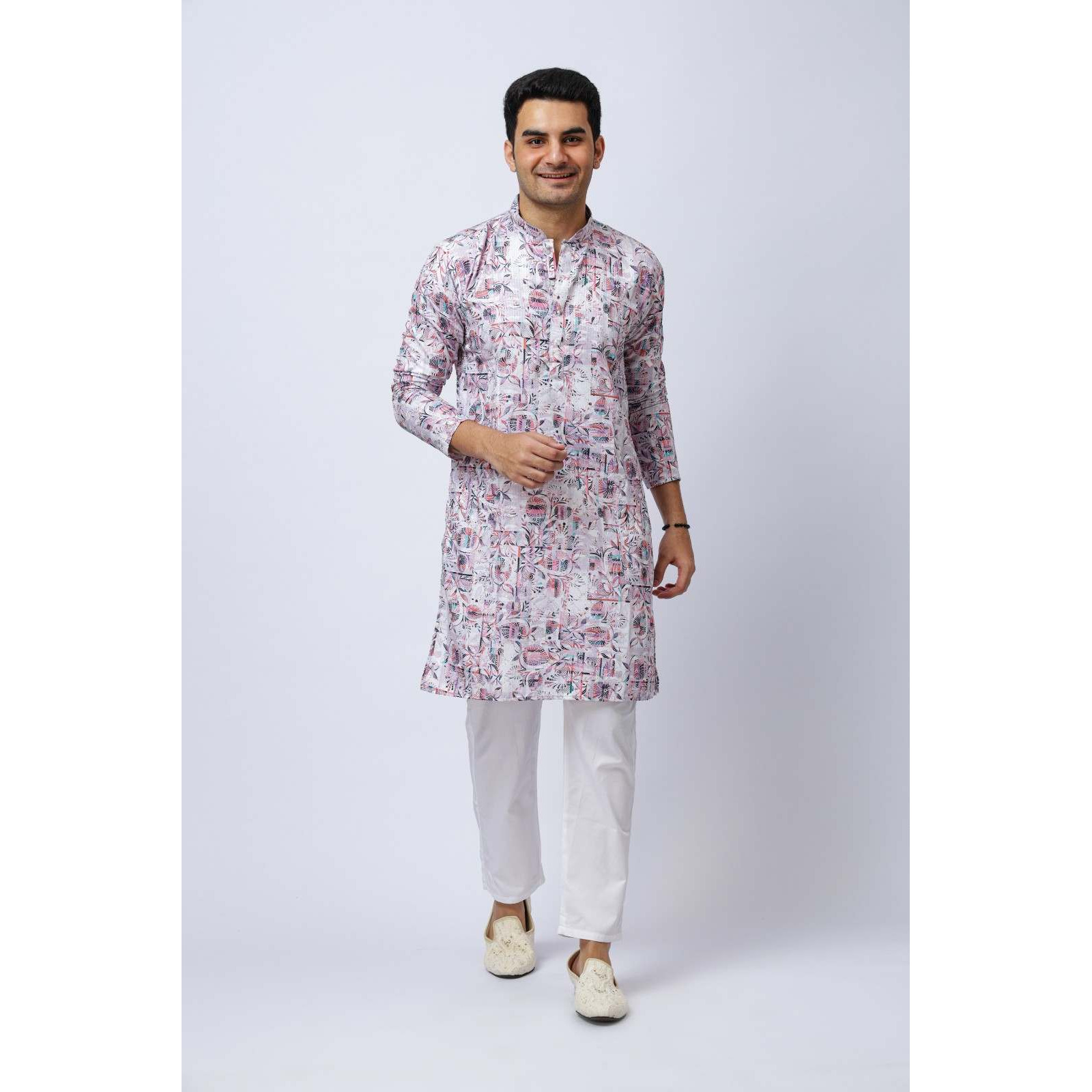 Men's Multicolor Silk Kurta and White Trouser Set, Festive Ethnic Wear, Regular Fit
