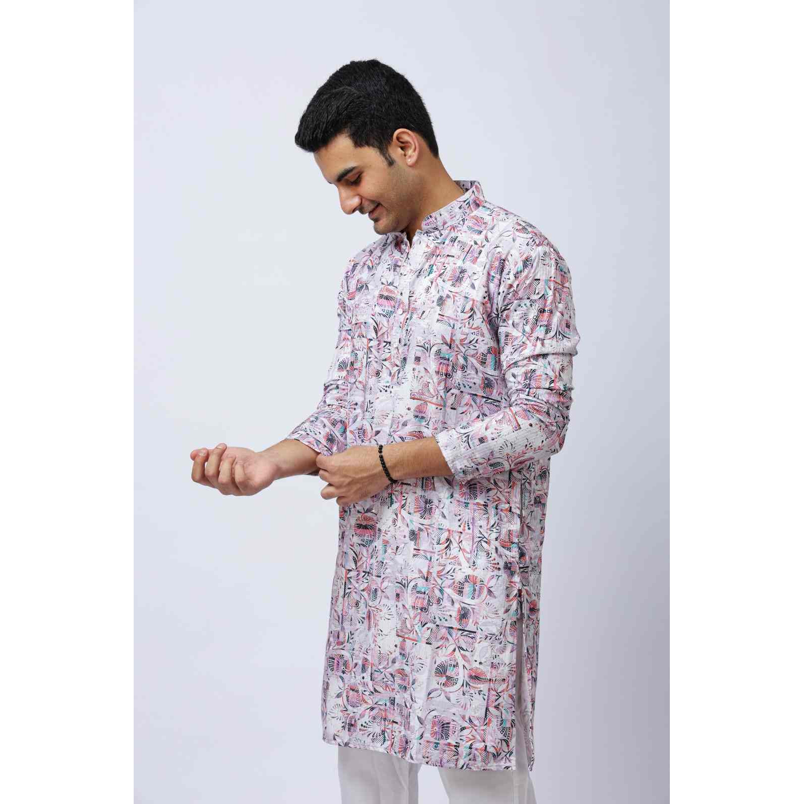 Men's Multicolor Silk Kurta and White Trouser Set, Festive Ethnic Wear, Regular Fit