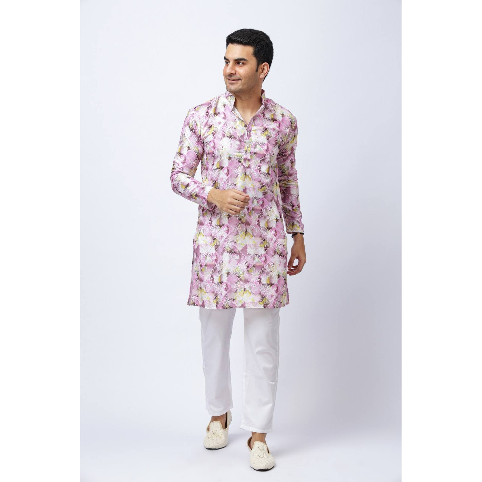 Men's Multicolor Silk Kurta and White Trouser Set, Festive Ethnic Wear, Regular Fit