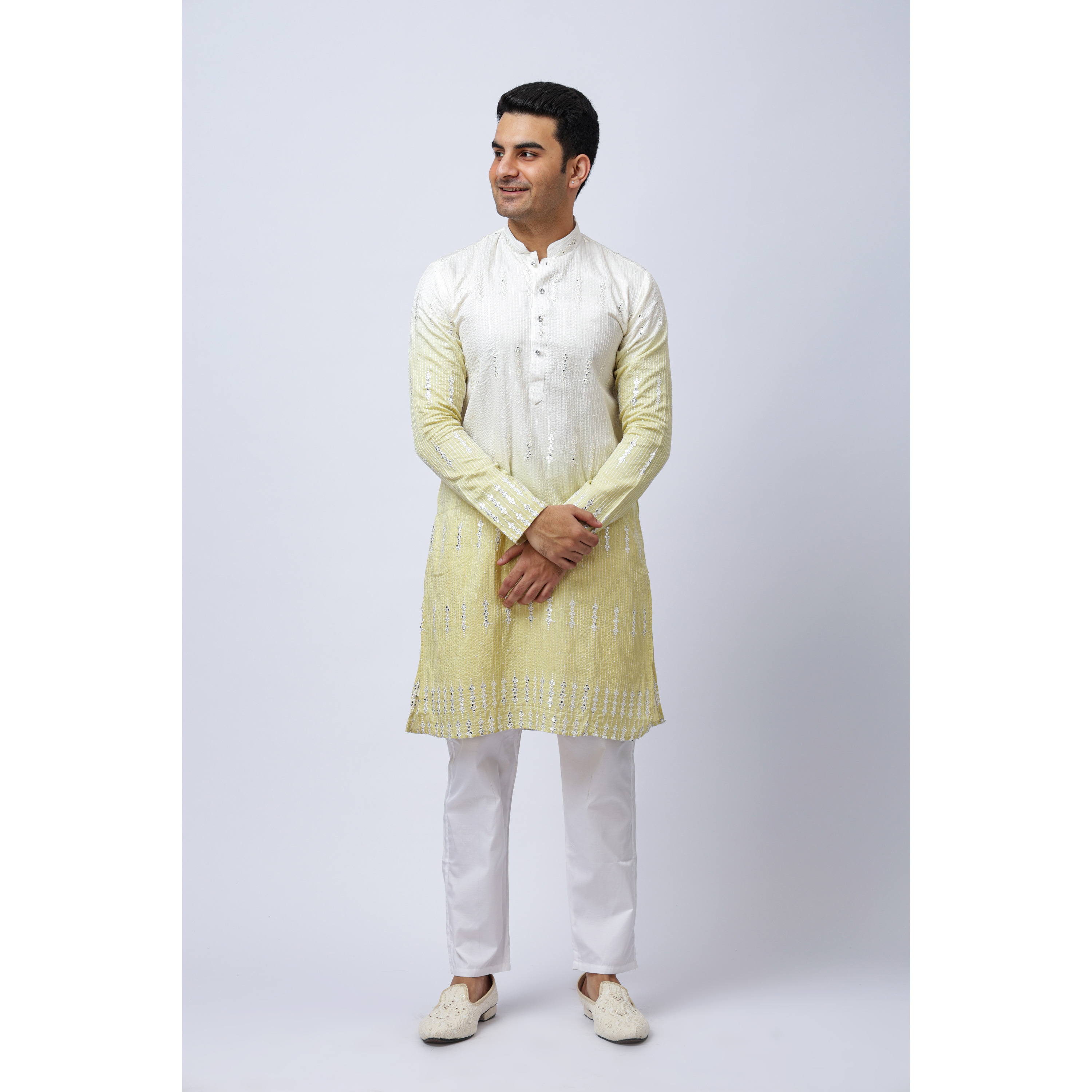 Men's Yellow Ombre Silk Kurta with Mirror Work and White Trouser Set, Festive Ethnic Wear, Regular Fit