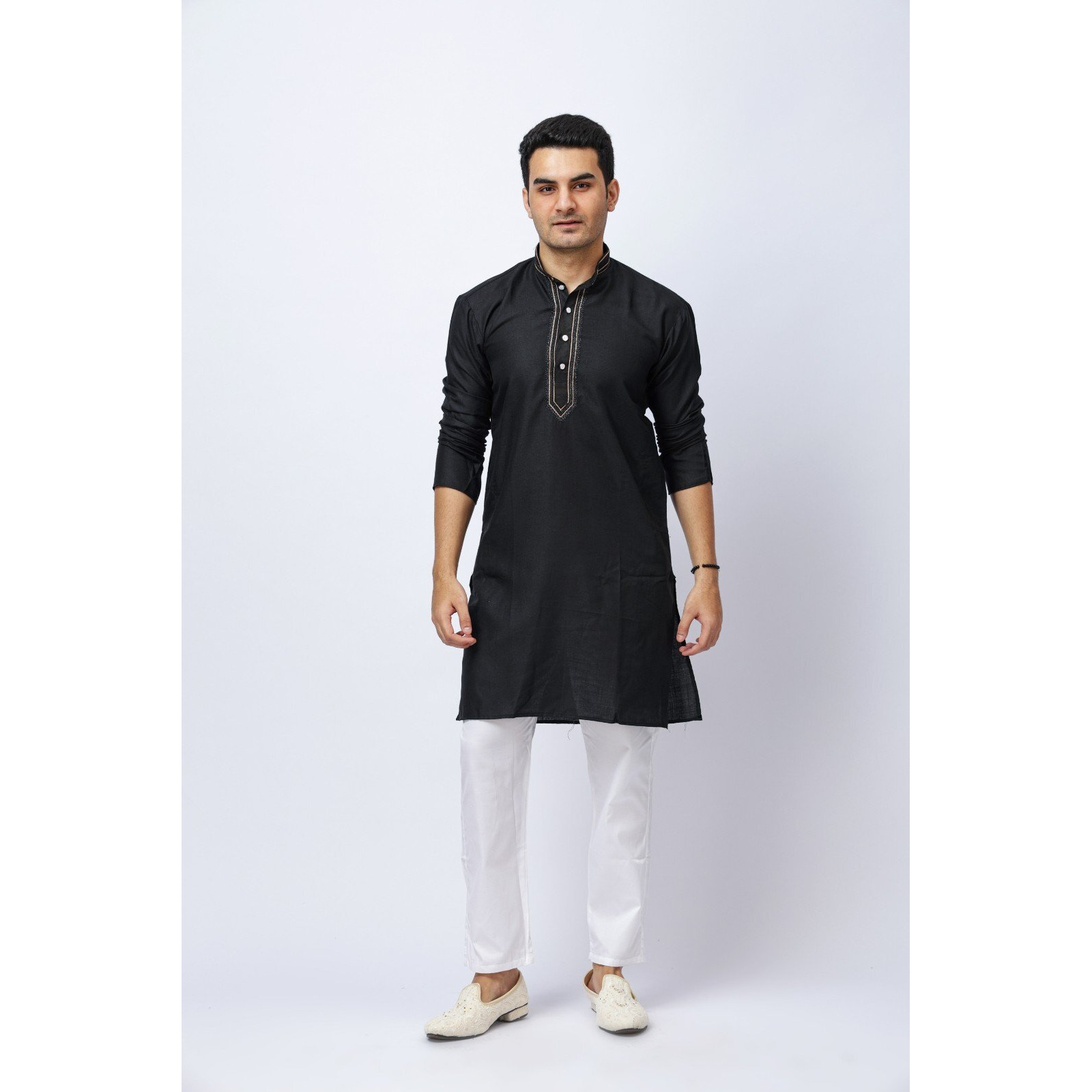 Men's Black Silk Kurta with neck embroidery and White Trouser Set, Festive Ethnic Wear, Regular Fit